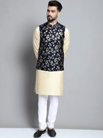 Thumbnail for Jompers Men's Beige Embroidered Kurta Pyjama With Woven Design Nehru Jacket - Distacart