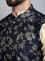 Thumbnail for Jompers Men's Beige Embroidered Kurta Pyjama With Woven Design Nehru Jacket - Distacart