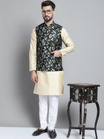 Thumbnail for Jompers Men's Beige Embroidered Kurta Pyjama With Woven Design Nehru Jacket - Distacart
