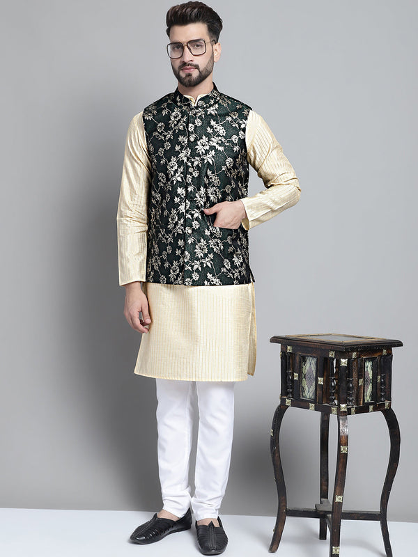 Jompers Men's Beige Embroidered Kurta Pyjama With Woven Design Nehru Jacket - Distacart