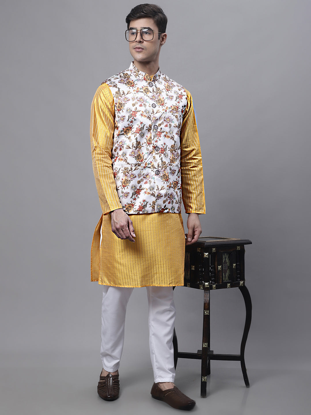 Jompers Men's Mustard Embroidered Kurta Pyjama With Wihte Printed Nehru Jacket - Distacart