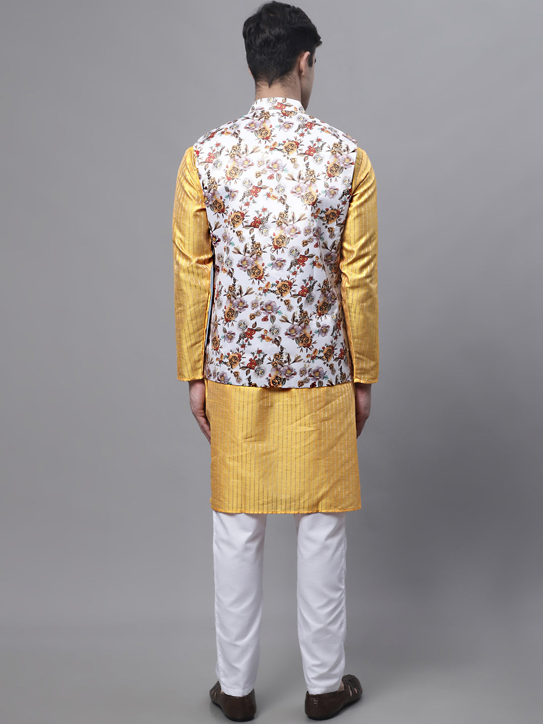 Jompers Men's Mustard Embroidered Kurta Pyjama With Wihte Printed Nehru Jacket - Distacart