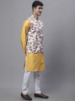 Thumbnail for Jompers Men's Mustard Embroidered Kurta Pyjama With Wihte Printed Nehru Jacket - Distacart