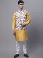 Thumbnail for Jompers Men's Mustard Embroidered Kurta Pyjama With Wihte Printed Nehru Jacket - Distacart