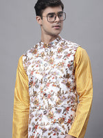 Thumbnail for Jompers Men's Mustard Embroidered Kurta Pyjama With Wihte Printed Nehru Jacket - Distacart