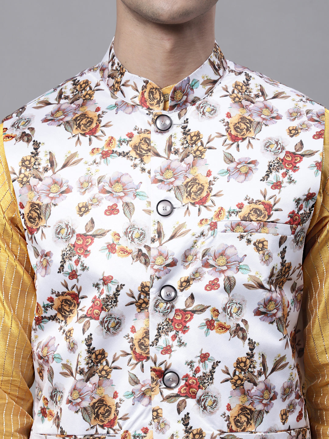Jompers Men's Mustard Embroidered Kurta Pyjama With Wihte Printed Nehru Jacket - Distacart