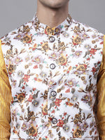 Thumbnail for Jompers Men's Mustard Embroidered Kurta Pyjama With Wihte Printed Nehru Jacket - Distacart