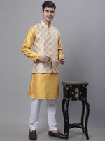 Thumbnail for Jompers Men's Mustard Embroidered Kurta Pyjama With Floral Printed Nehru Jacket - Distacart