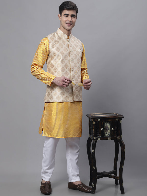 Jompers Men's Mustard Embroidered Kurta Pyjama With Floral Printed Nehru Jacket - Distacart