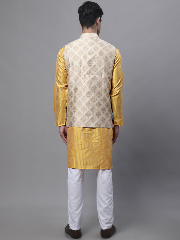 Jompers Men's Mustard Embroidered Kurta Pyjama With Floral Printed Nehru Jacket - Distacart