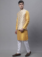 Thumbnail for Jompers Men's Mustard Embroidered Kurta Pyjama With Floral Printed Nehru Jacket - Distacart