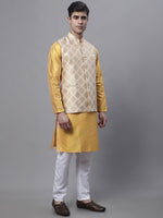 Thumbnail for Jompers Men's Mustard Embroidered Kurta Pyjama With Floral Printed Nehru Jacket - Distacart