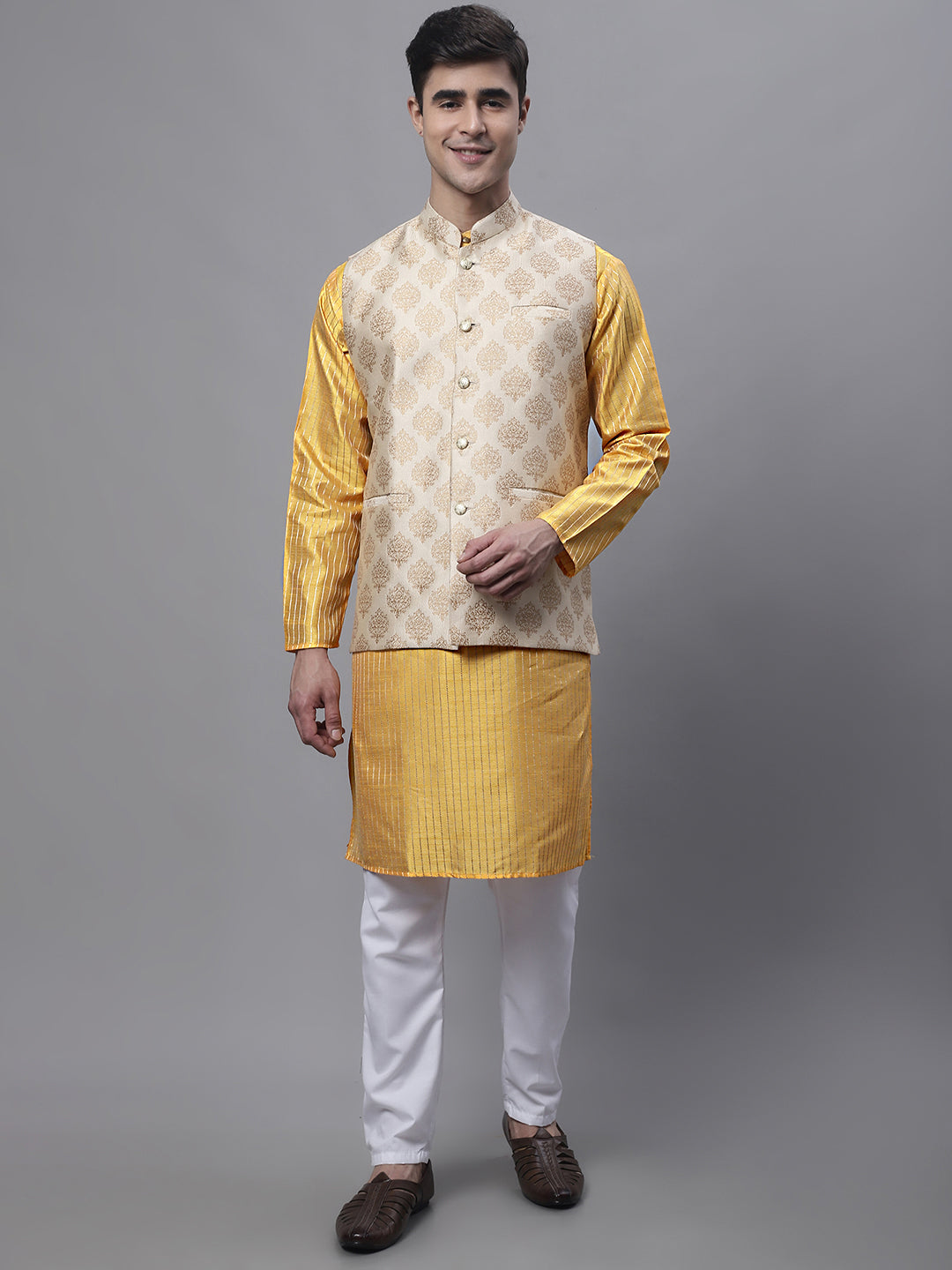 Jompers Men's Mustard Embroidered Kurta Pyjama With Floral Printed Nehru Jacket - Distacart