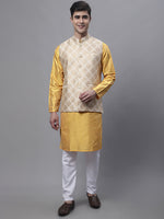 Thumbnail for Jompers Men's Mustard Embroidered Kurta Pyjama With Floral Printed Nehru Jacket - Distacart