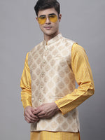 Thumbnail for Jompers Men's Mustard Embroidered Kurta Pyjama With Floral Printed Nehru Jacket - Distacart