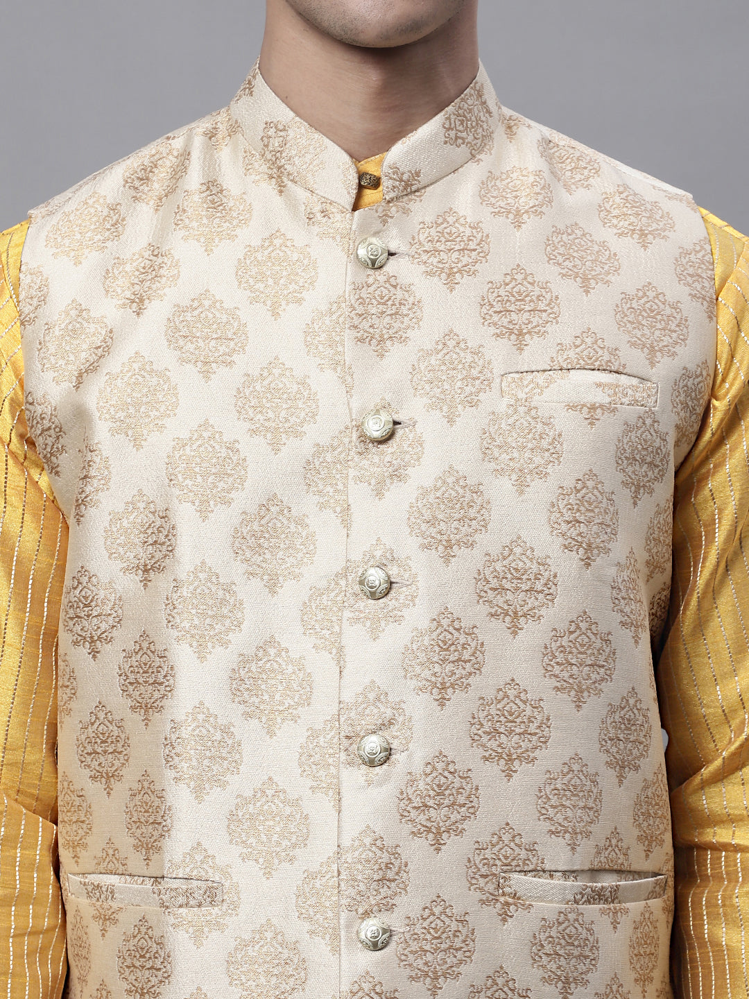 Jompers Men's Mustard Embroidered Kurta Pyjama With Floral Printed Nehru Jacket - Distacart