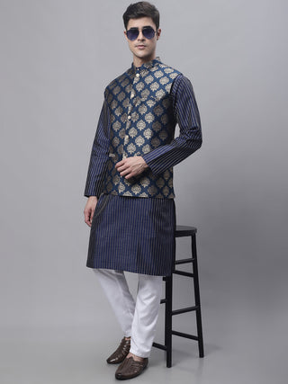 Jompers Men's Navy Blue Embroidered Kurta Pyjama With Floral Printed Nehru Jacket - Distacart