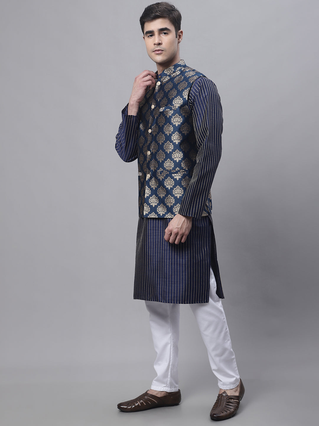 Jompers Men's Navy Blue Embroidered Kurta Pyjama With Floral Printed Nehru Jacket - Distacart