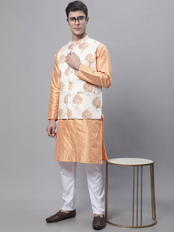 Jompers Men's Peach Embroidered Kurta Pyjama With Wihte Printed Nehru Jacket - Distacart