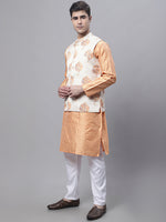 Thumbnail for Jompers Men's Peach Embroidered Kurta Pyjama With Wihte Printed Nehru Jacket - Distacart