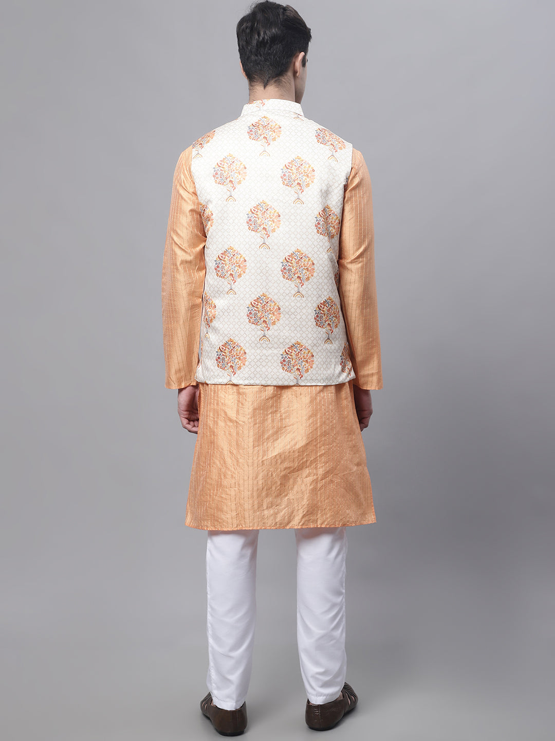 Jompers Men's Peach Embroidered Kurta Pyjama With Wihte Printed Nehru Jacket - Distacart