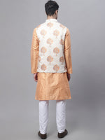 Thumbnail for Jompers Men's Peach Embroidered Kurta Pyjama With Wihte Printed Nehru Jacket - Distacart