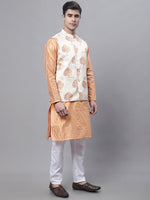 Thumbnail for Jompers Men's Peach Embroidered Kurta Pyjama With Wihte Printed Nehru Jacket - Distacart