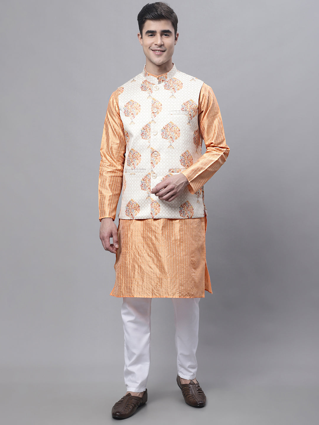 Jompers Men's Peach Embroidered Kurta Pyjama With Wihte Printed Nehru Jacket - Distacart