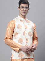 Thumbnail for Jompers Men's Peach Embroidered Kurta Pyjama With Wihte Printed Nehru Jacket - Distacart