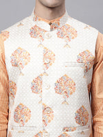 Thumbnail for Jompers Men's Peach Embroidered Kurta Pyjama With Wihte Printed Nehru Jacket - Distacart