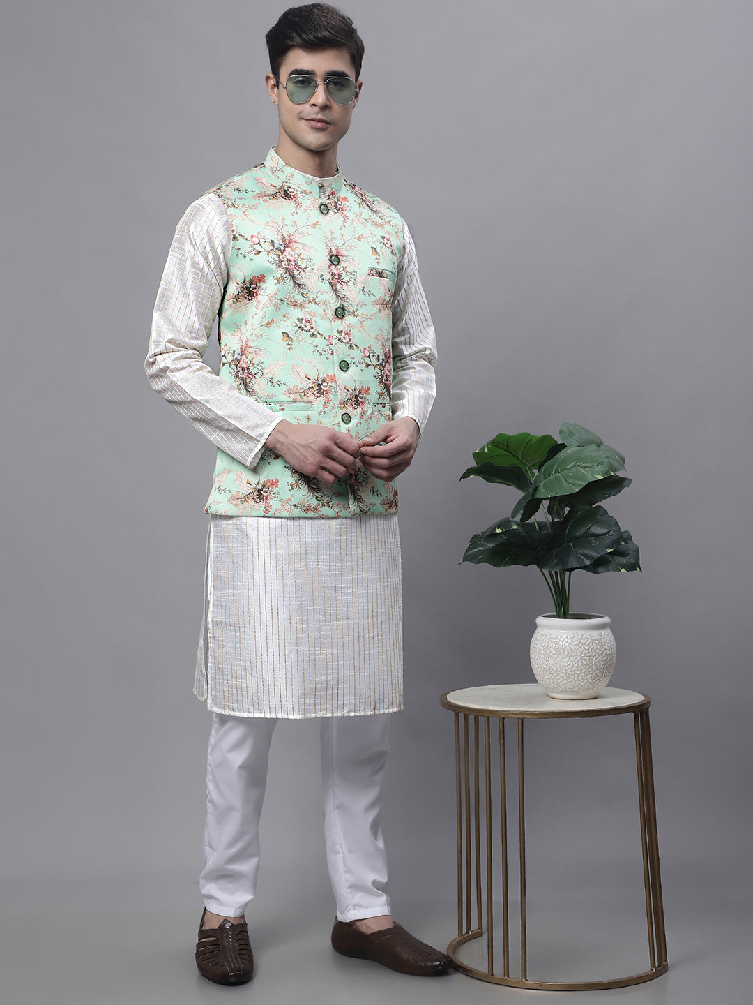 Jompers Men's Off White Embroidered Kurta Pyjama With Lime Printed Nehru Jacket - Distacart