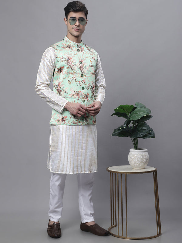 Jompers Men's Off White Embroidered Kurta Pyjama With Lime Printed Nehru Jacket - Distacart