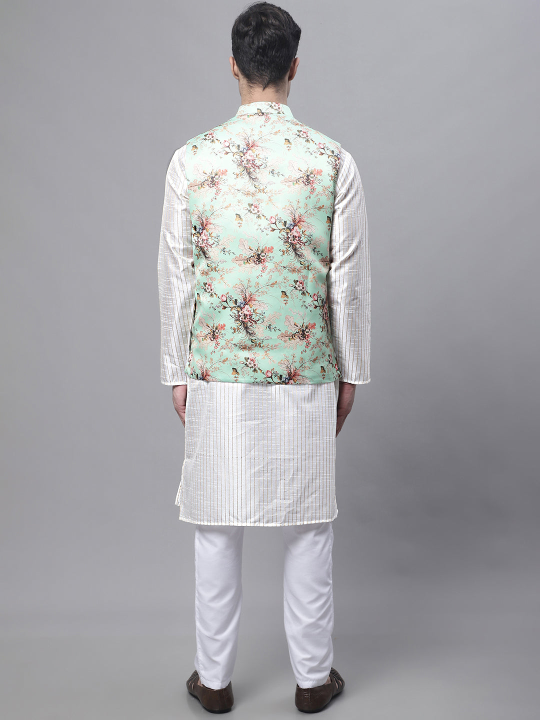 Jompers Men's Off White Embroidered Kurta Pyjama With Lime Printed Nehru Jacket - Distacart