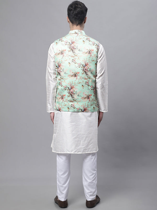Jompers Men's Off White Embroidered Kurta Pyjama With Lime Printed Nehru Jacket - Distacart