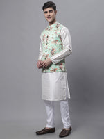 Thumbnail for Jompers Men's Off White Embroidered Kurta Pyjama With Lime Printed Nehru Jacket - Distacart