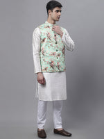 Thumbnail for Jompers Men's Off White Embroidered Kurta Pyjama With Lime Printed Nehru Jacket - Distacart
