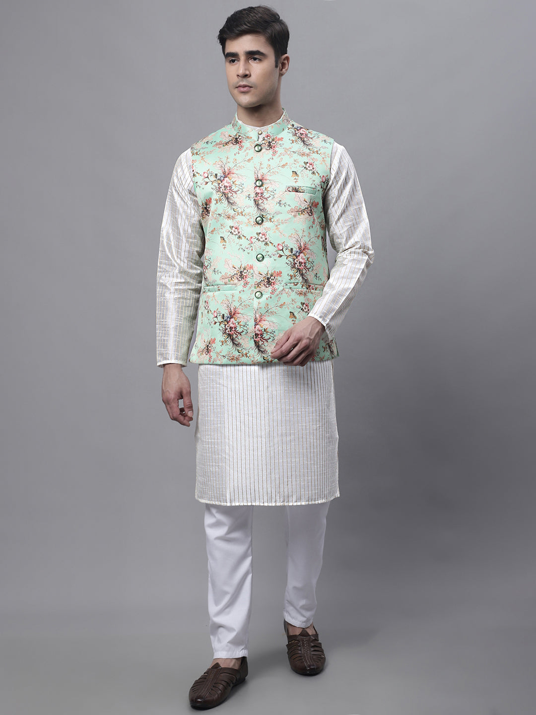 Jompers Men's Off White Embroidered Kurta Pyjama With Lime Printed Nehru Jacket - Distacart