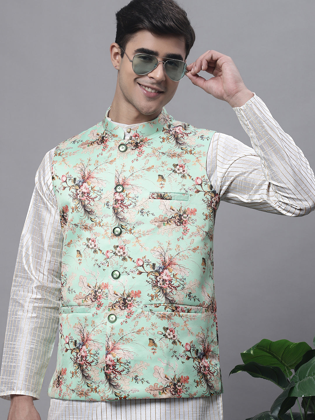 Jompers Men's Off White Embroidered Kurta Pyjama With Lime Printed Nehru Jacket - Distacart