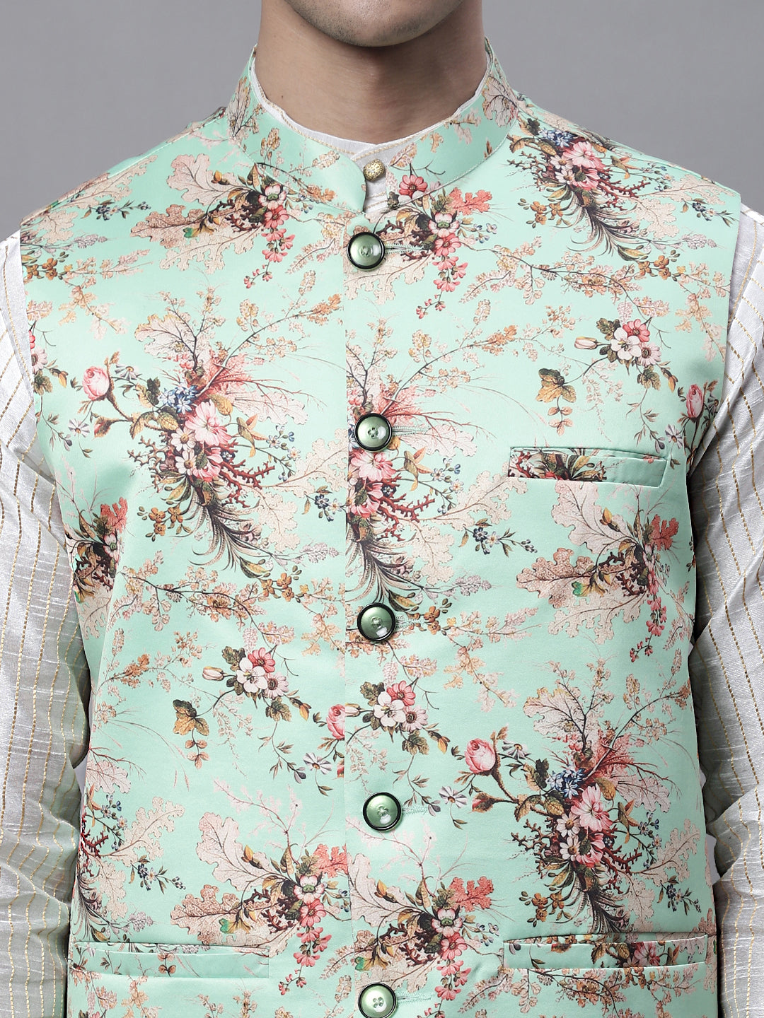 Jompers Men's Off White Embroidered Kurta Pyjama With Lime Printed Nehru Jacket - Distacart