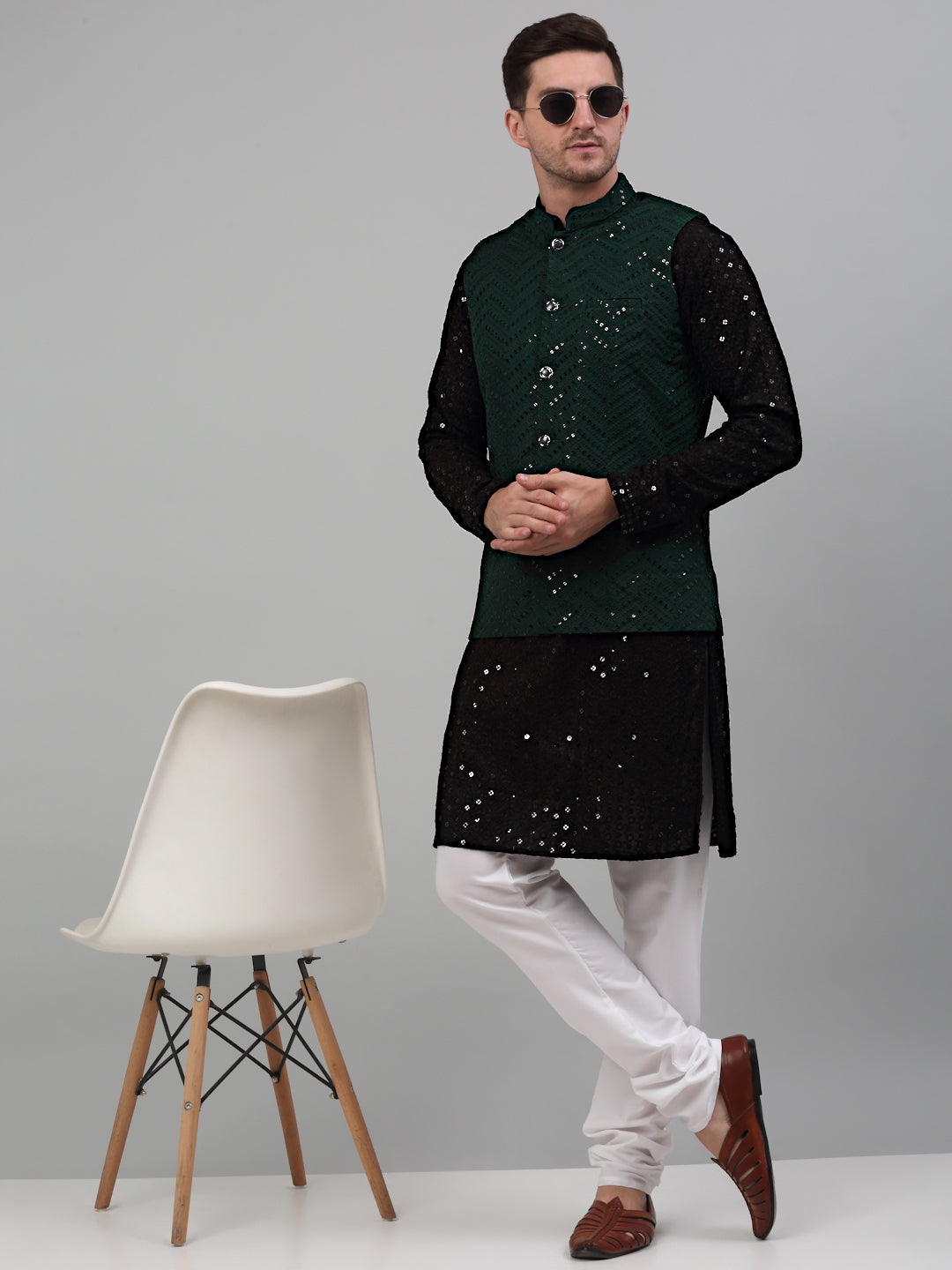 Jompers Men's Sequin and Embroidered Nehru Jacket With Kurta Pyjama - Olive - Distacart