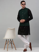 Thumbnail for Jompers Men's Sequin and Embroidered Nehru Jacket With Kurta Pyjama - Olive - Distacart