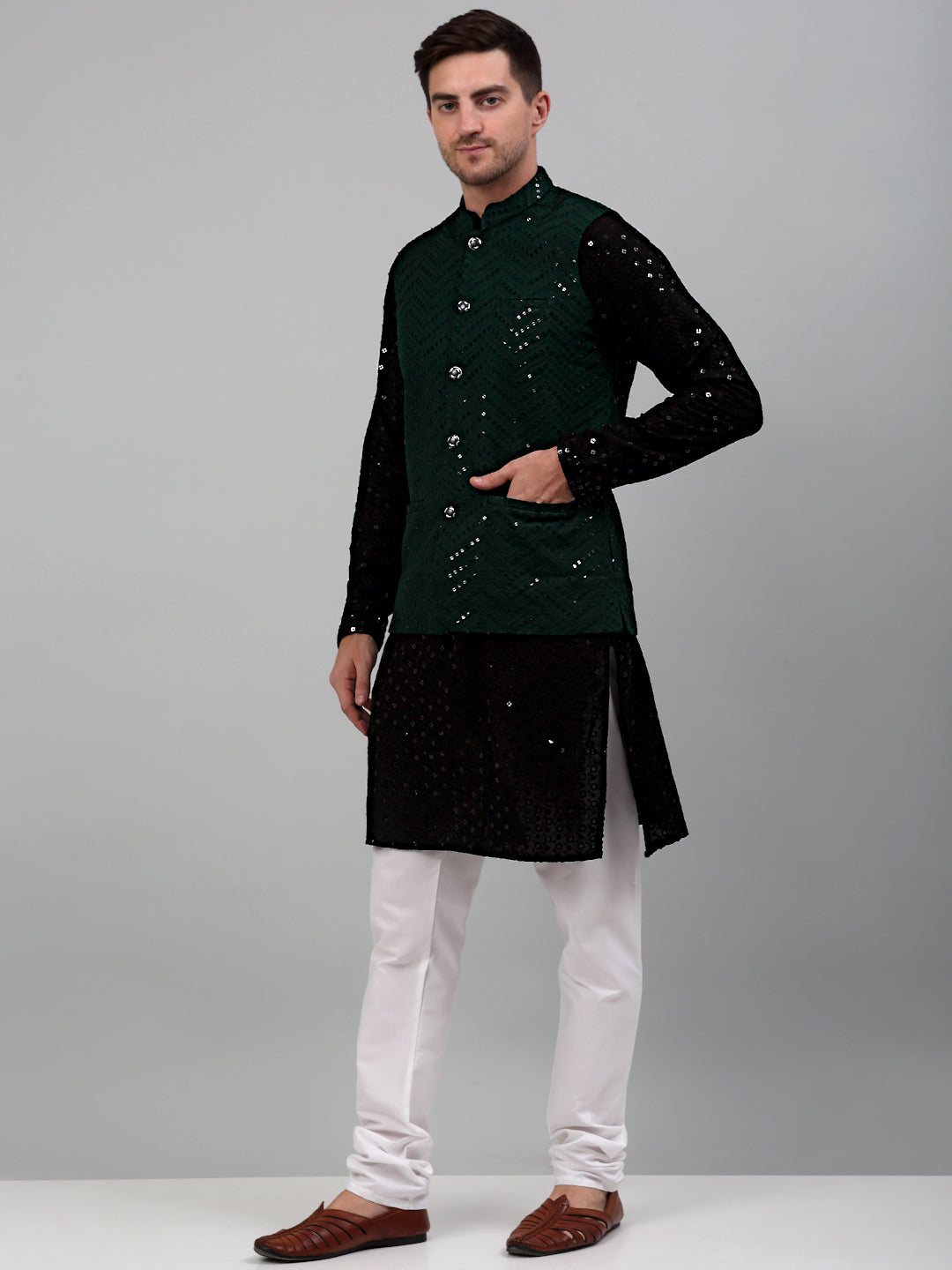 Jompers Men's Sequin and Embroidered Nehru Jacket With Kurta Pyjama - Olive - Distacart