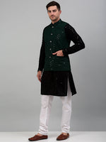 Thumbnail for Jompers Men's Sequin and Embroidered Nehru Jacket With Kurta Pyjama - Olive - Distacart
