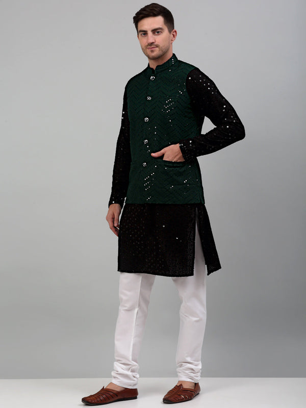 Jompers Men's Sequin and Embroidered Nehru Jacket With Kurta Pyjama - Olive - Distacart
