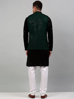 Thumbnail for Jompers Men's Sequin and Embroidered Nehru Jacket With Kurta Pyjama - Olive - Distacart