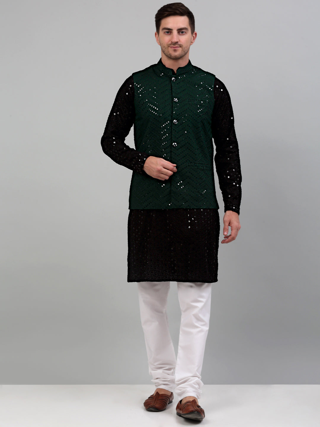 Jompers Men's Sequin and Embroidered Nehru Jacket With Kurta Pyjama - Olive - Distacart
