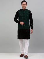Thumbnail for Jompers Men's Sequin and Embroidered Nehru Jacket With Kurta Pyjama - Olive - Distacart
