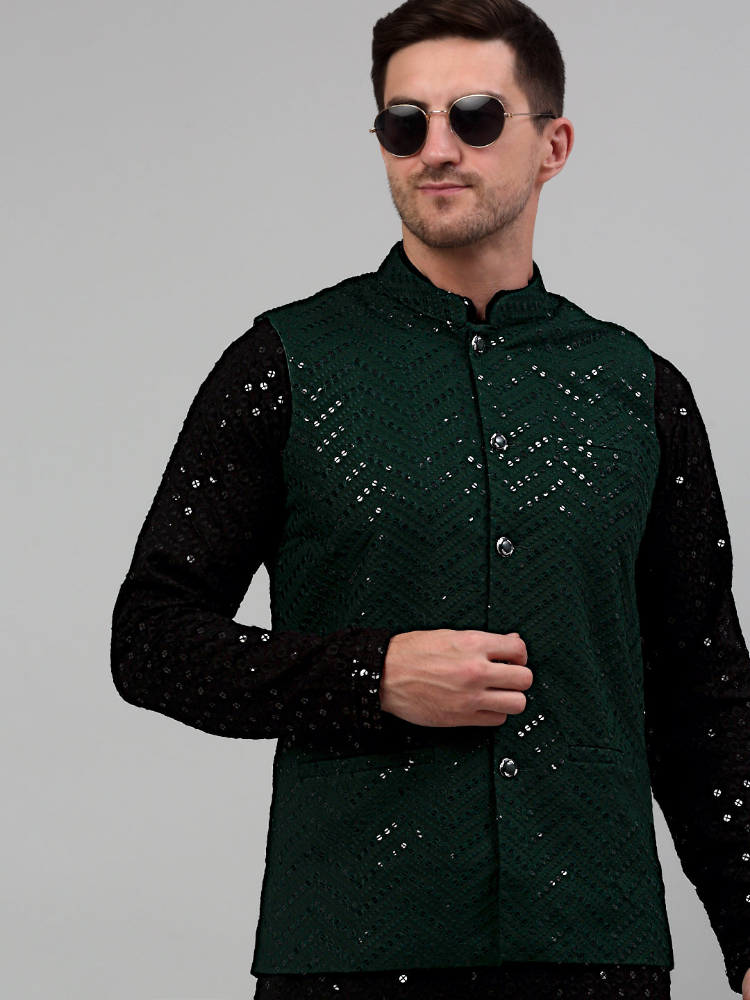 Jompers Men's Sequin and Embroidered Nehru Jacket With Kurta Pyjama - Olive - Distacart