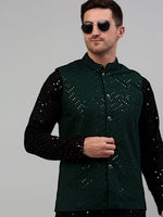 Thumbnail for Jompers Men's Sequin and Embroidered Nehru Jacket With Kurta Pyjama - Olive - Distacart