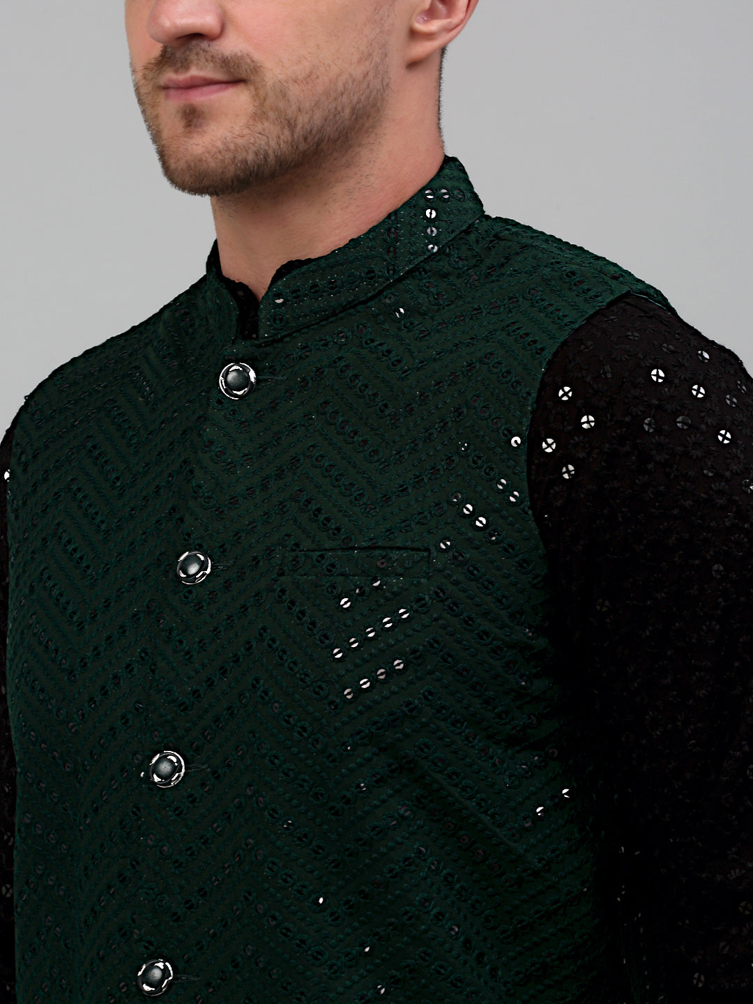 Jompers Men's Sequin and Embroidered Nehru Jacket With Kurta Pyjama - Olive - Distacart